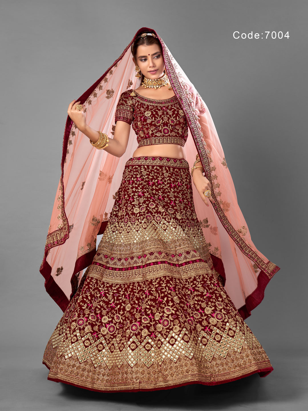 Elegant Maroon Velvet Lehenga with Dori and Mirror Detailing