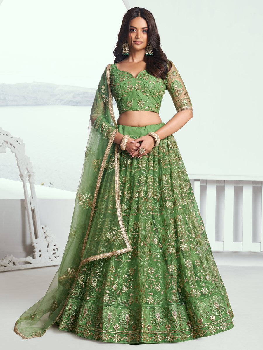 Gorgeous Green Sequins Net Mehendi Wear Lehenga Choli With Dupatta