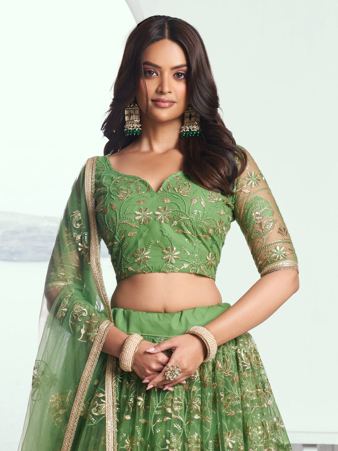 Gorgeous Green Sequins Net Mehendi Wear Lehenga Choli With Dupatta