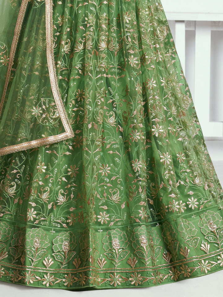 Gorgeous Green Sequins Net Mehendi Wear Lehenga Choli With Dupatta