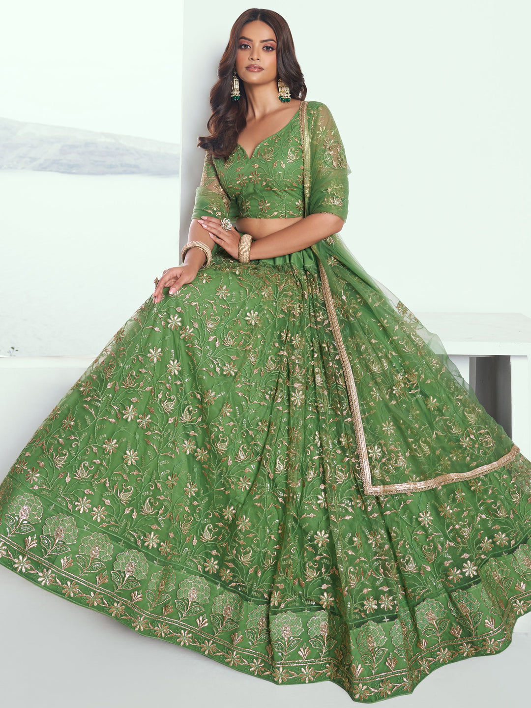 Gorgeous Green Sequins Net Mehendi Wear Lehenga Choli With Dupatta