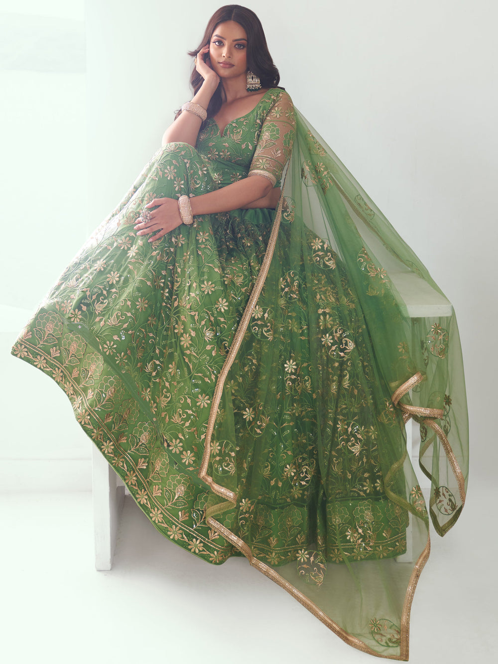 Gorgeous Green Sequins Net Mehendi Wear Lehenga Choli With Dupatta