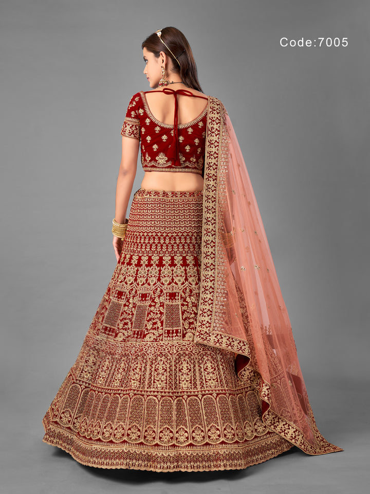 Maroon Velvet Embroidered Lehenga with Soft Net Dupatta