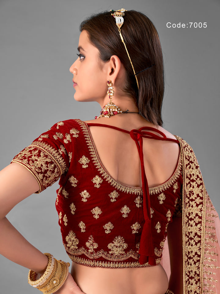 Maroon Velvet Embroidered Lehenga with Soft Net Dupatta