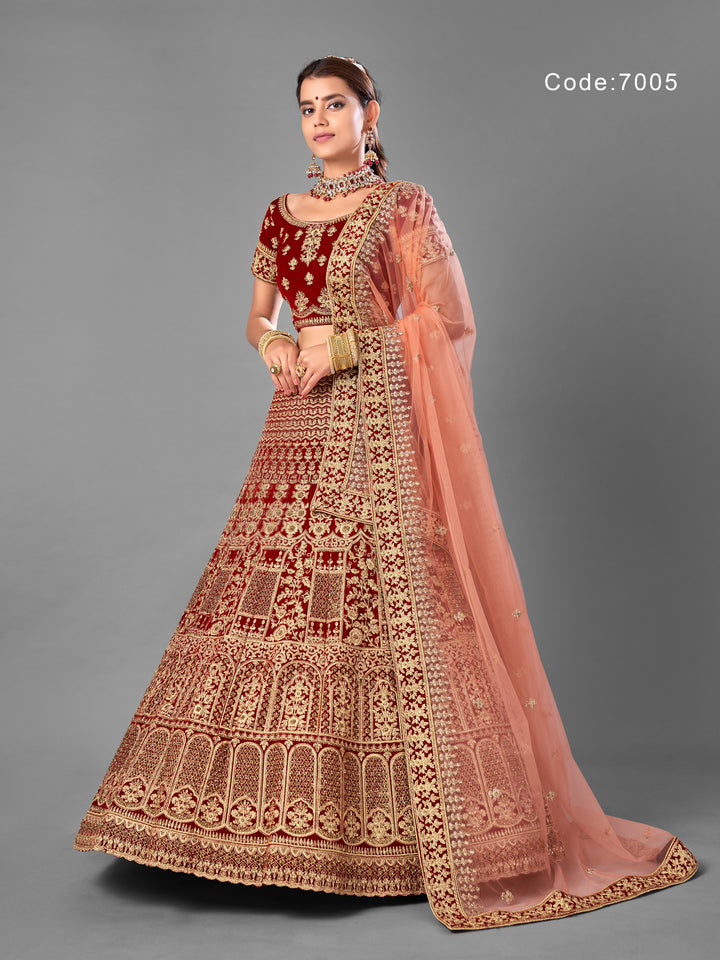 Maroon Velvet Embroidered Lehenga with Soft Net Dupatta