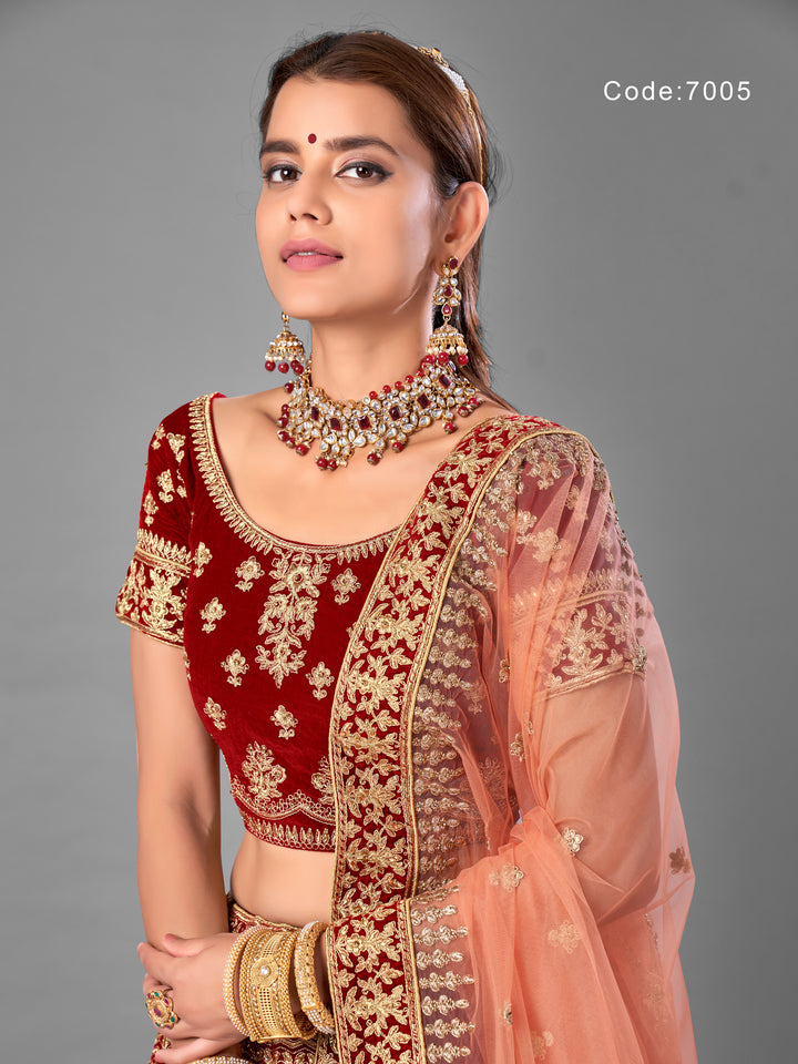 Maroon Velvet Embroidered Lehenga with Soft Net Dupatta