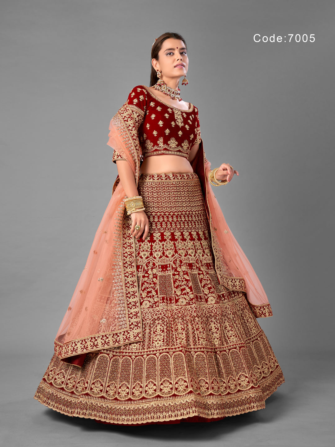 Maroon Velvet Embroidered Lehenga with Soft Net Dupatta