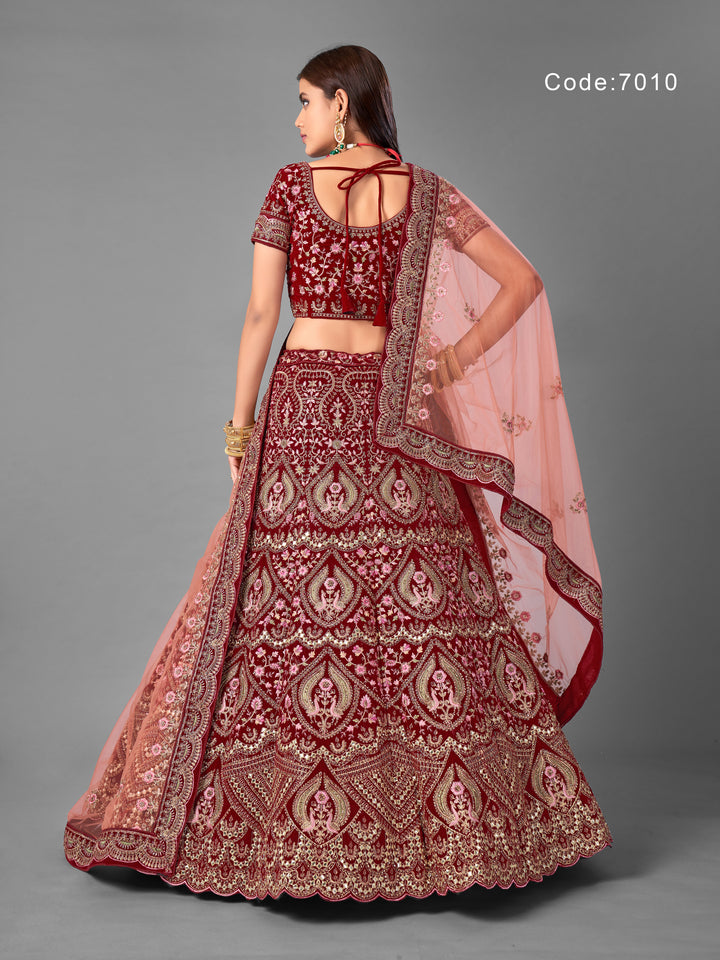 Luxurious Maroon Velvet Lehenga with a Graceful Dupatta