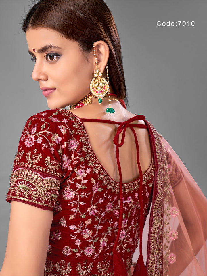 Luxurious Maroon Velvet Lehenga with a Graceful Dupatta