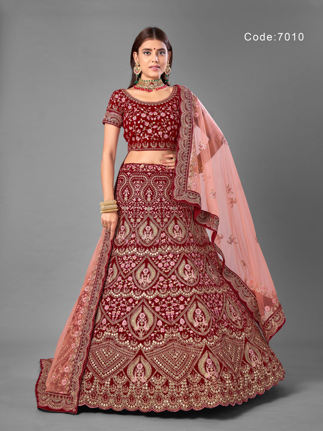 Luxurious Maroon Velvet Lehenga with a Graceful Dupatta