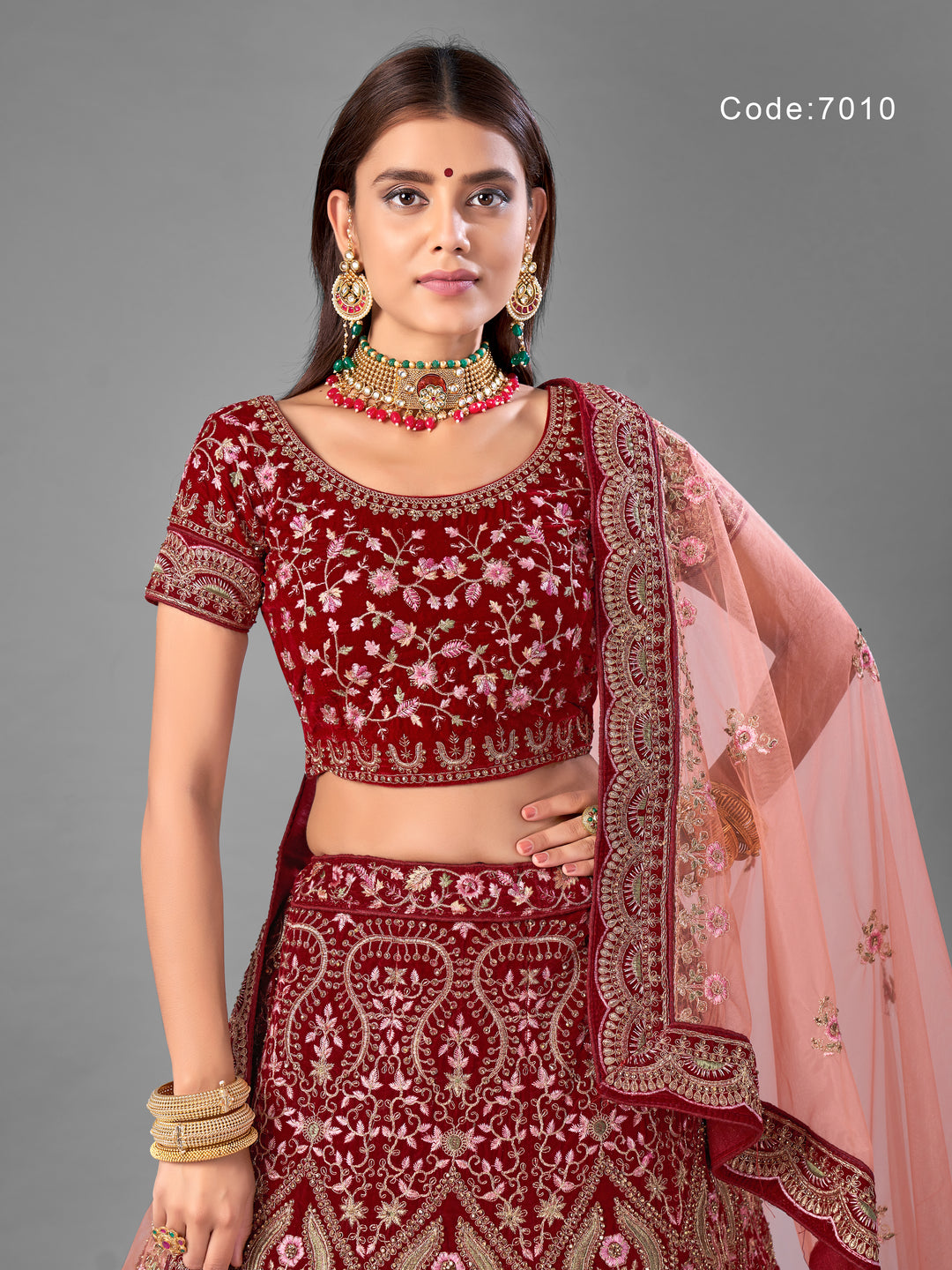 Luxurious Maroon Velvet Lehenga with a Graceful Dupatta