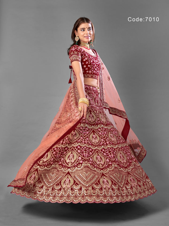 Luxurious Maroon Velvet Lehenga with a Graceful Dupatta