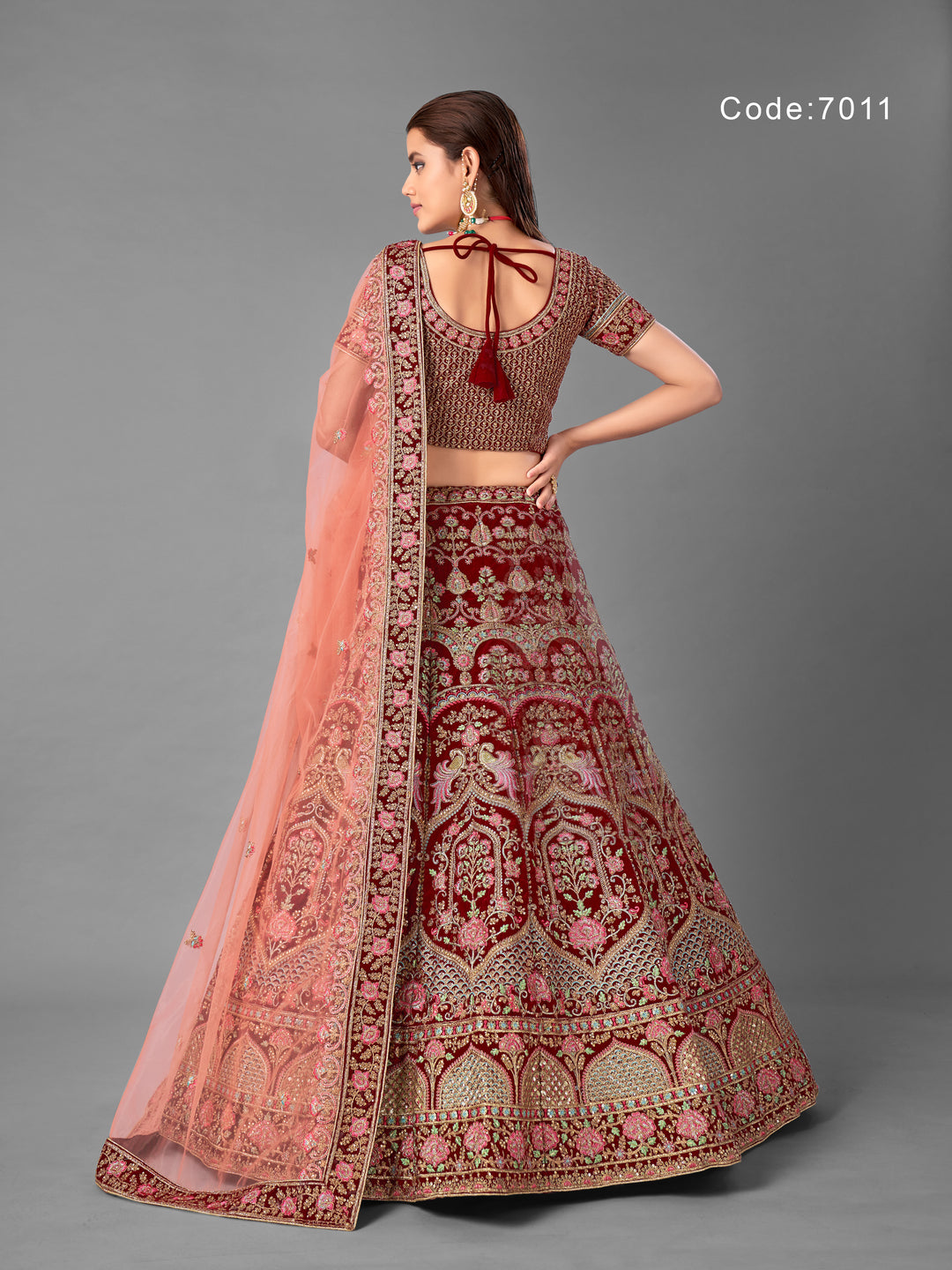 Maroon Velvet Designer Lehenga with Elegant Embroidery and Net Dupatta