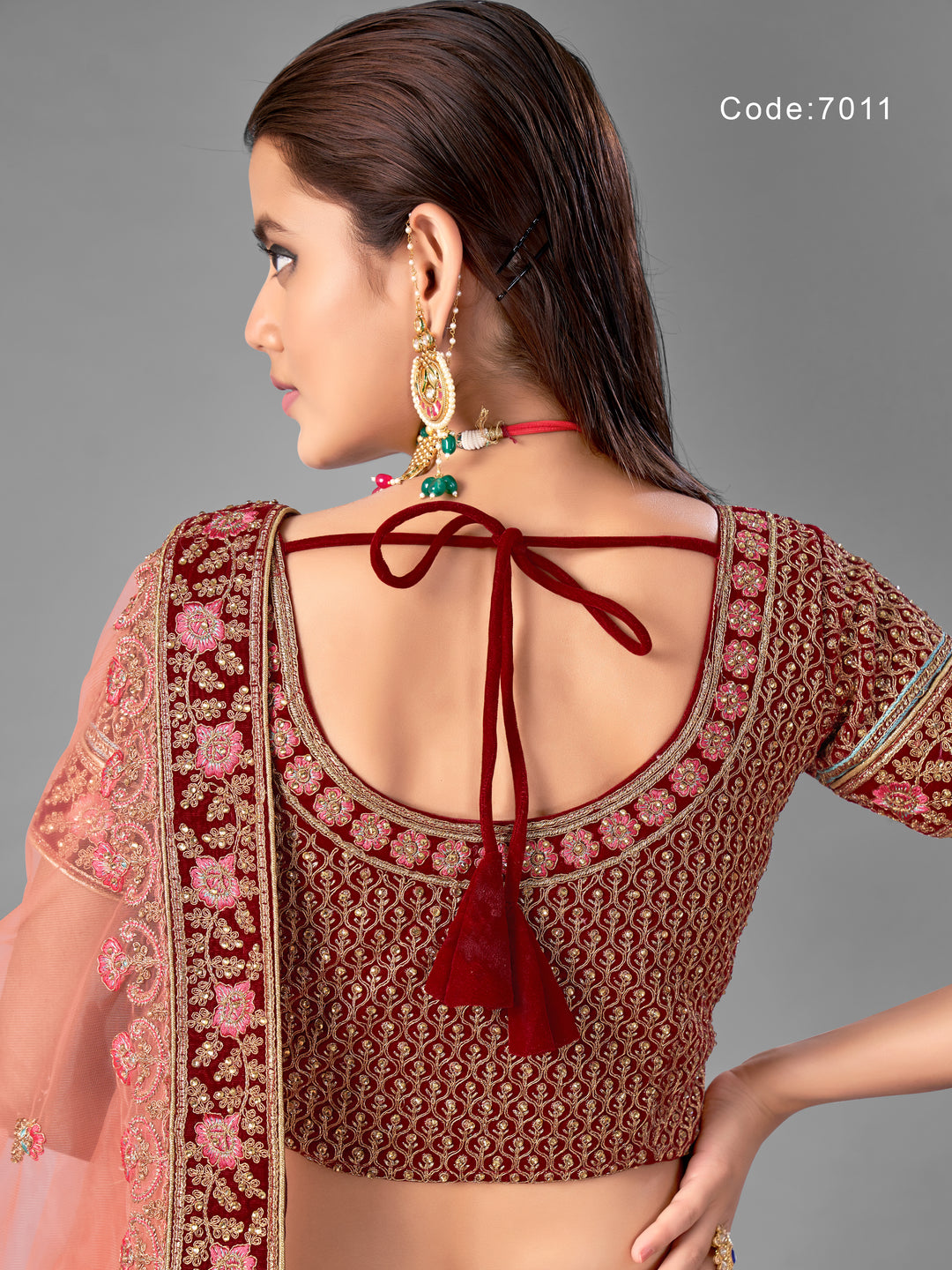 Maroon Velvet Designer Lehenga with Elegant Embroidery and Net Dupatta