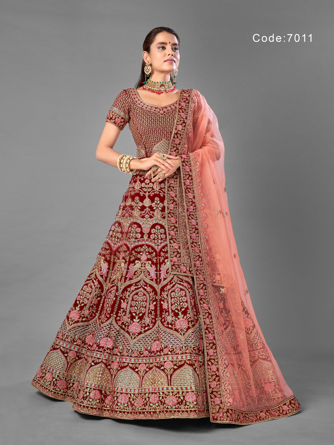 Maroon Velvet Designer Lehenga with Elegant Embroidery and Net Dupatta