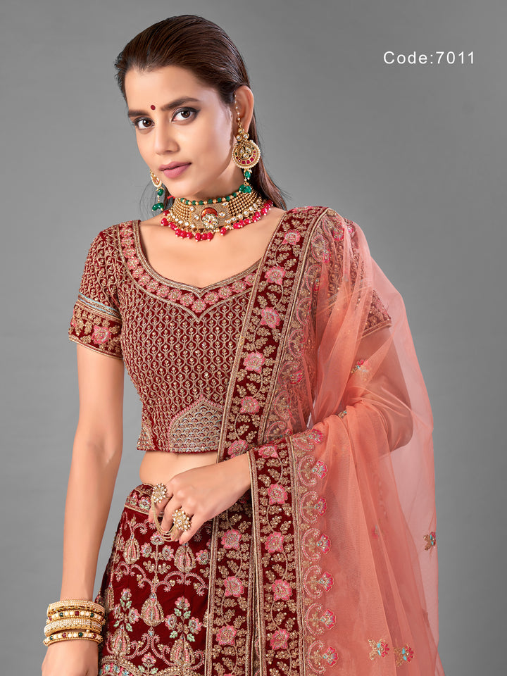 Maroon Velvet Designer Lehenga with Elegant Embroidery and Net Dupatta