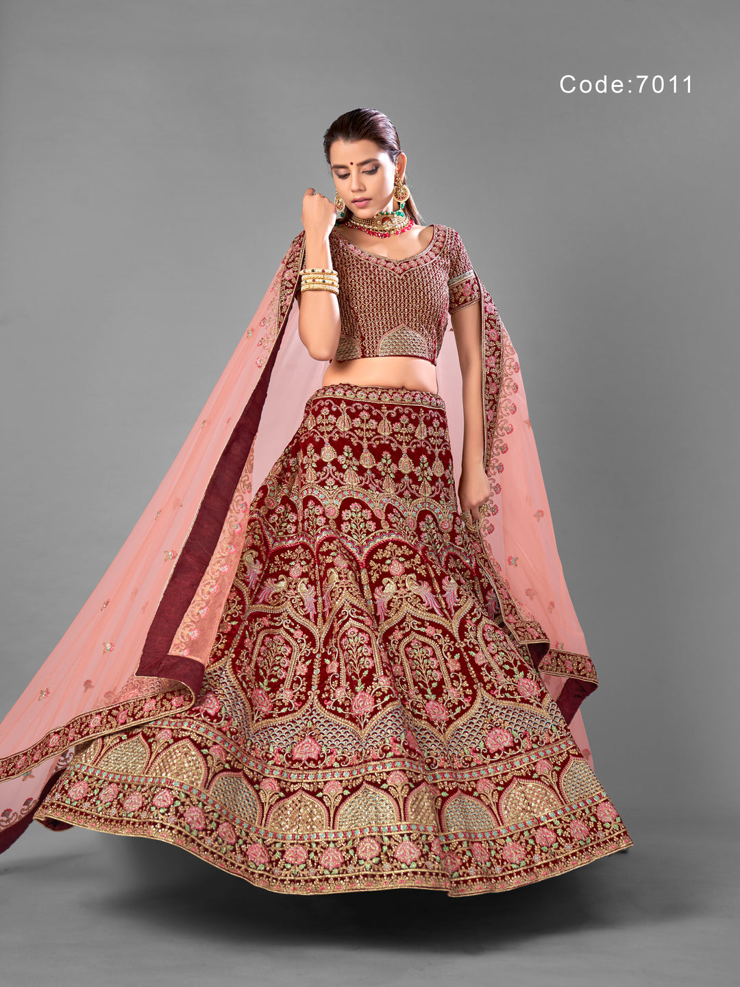 Maroon Velvet Designer Lehenga with Elegant Embroidery and Net Dupatta