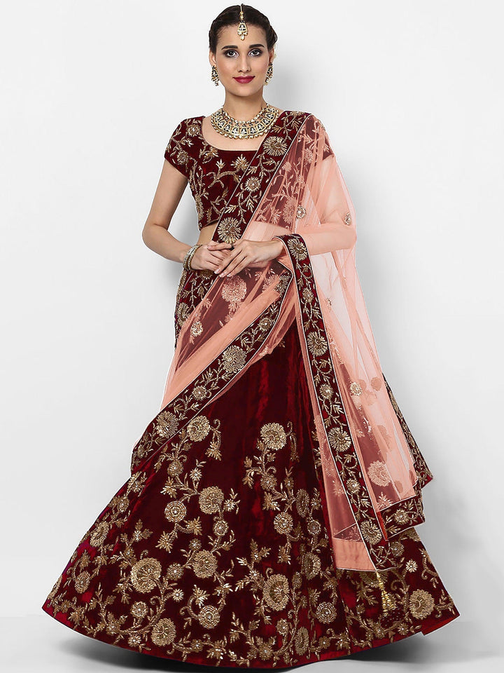 Designer Maroon Velvet Lehenga | Customizable with Zari & Lace Work