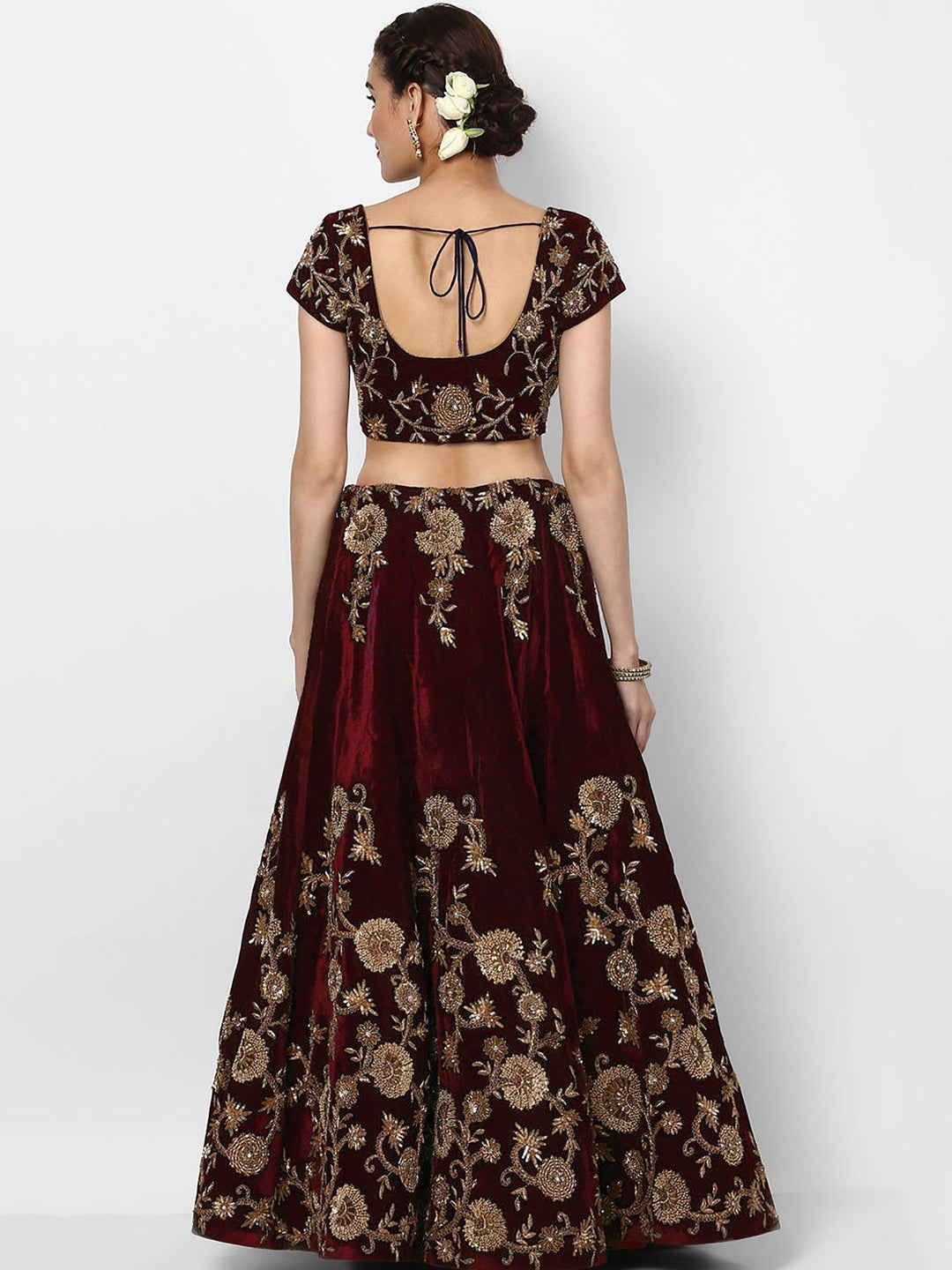 Designer Maroon Velvet Lehenga | Customizable with Zari & Lace Work