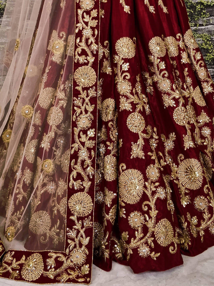 Designer Maroon Velvet Lehenga | Customizable with Zari & Lace Work