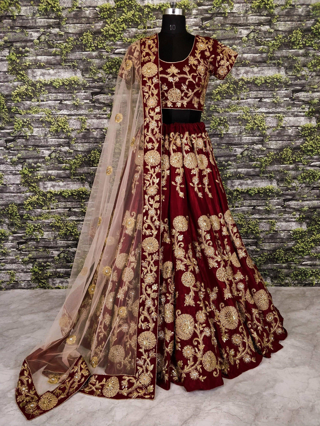 Designer Maroon Velvet Lehenga | Customizable with Zari & Lace Work