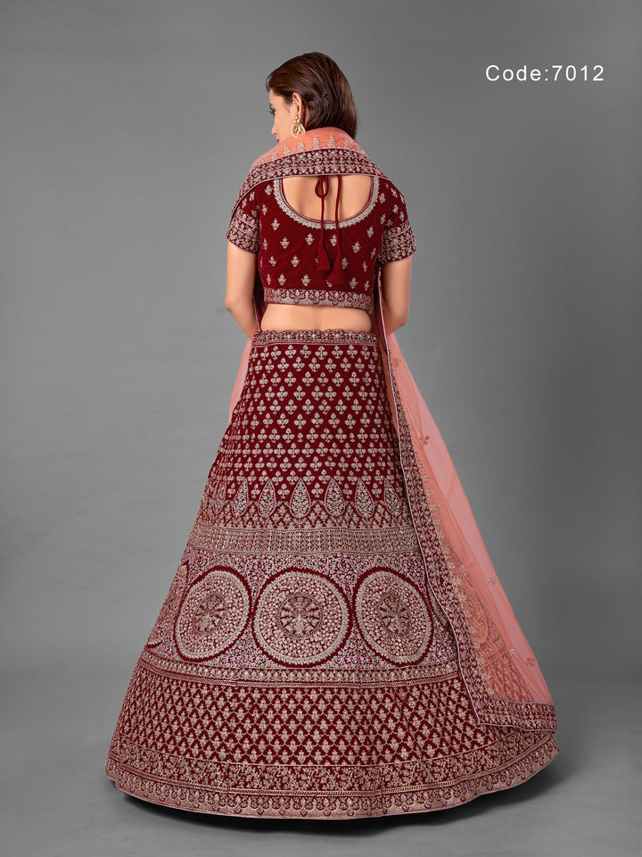 Maroon Velvet Embroidered Lehenga with Matching Net Dupatta