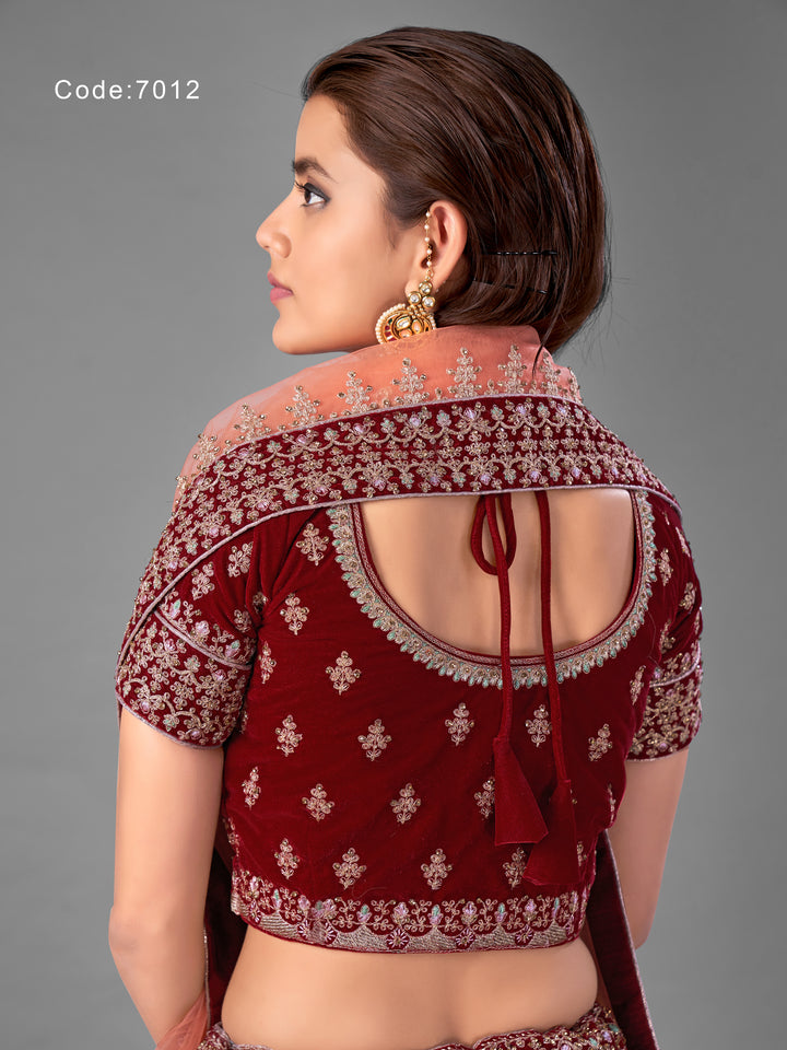 Maroon Velvet Embroidered Lehenga with Matching Net Dupatta