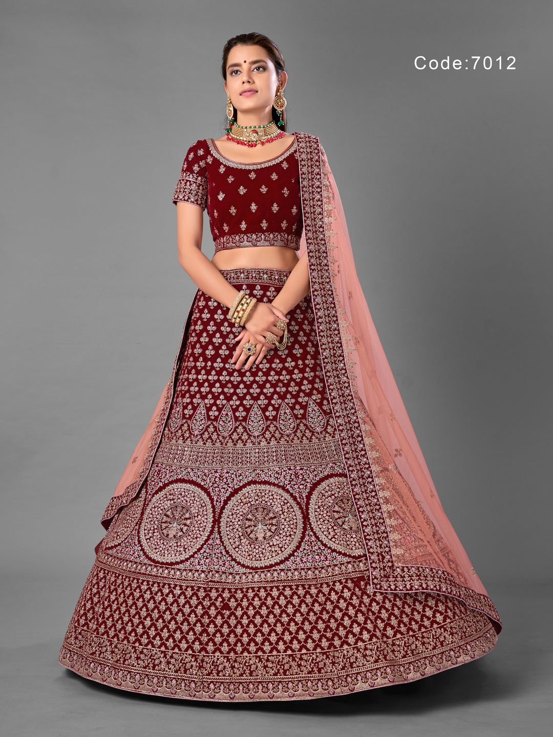 Maroon Velvet Embroidered Lehenga with Matching Net Dupatta