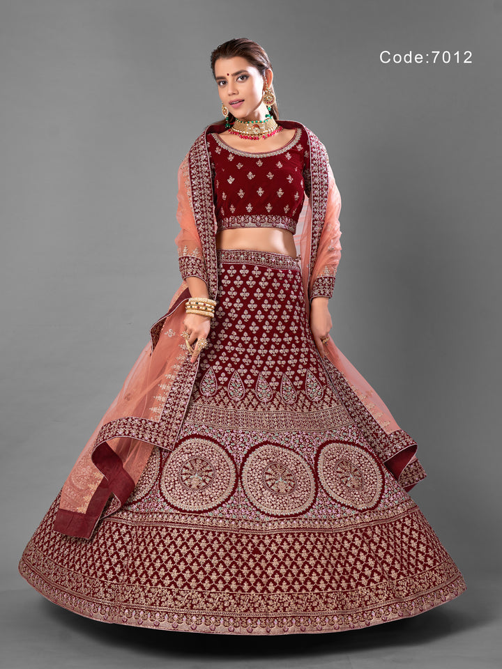 Maroon Velvet Embroidered Lehenga with Matching Net Dupatta