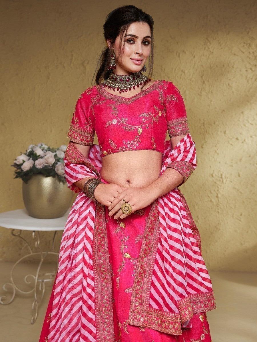 Charming Pink Lehenga Choli | Embroidered Silk with Organza Dupatta