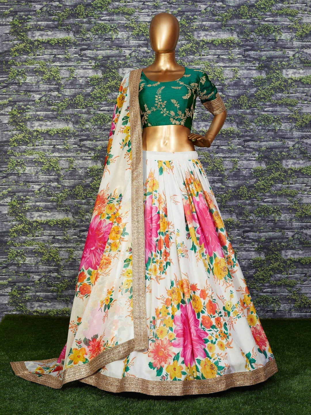 Digital Printed White-Green Lehenga | Bridalwear with Zari Work