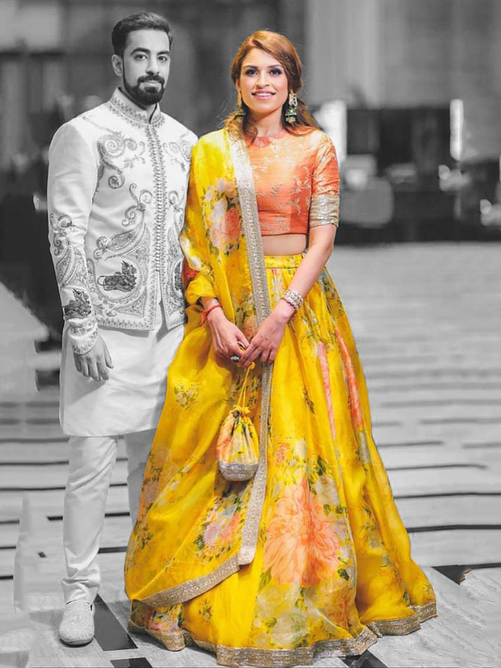 Bridal Yellow-Orange Lehenga | Designer Floral Print with Zari Work