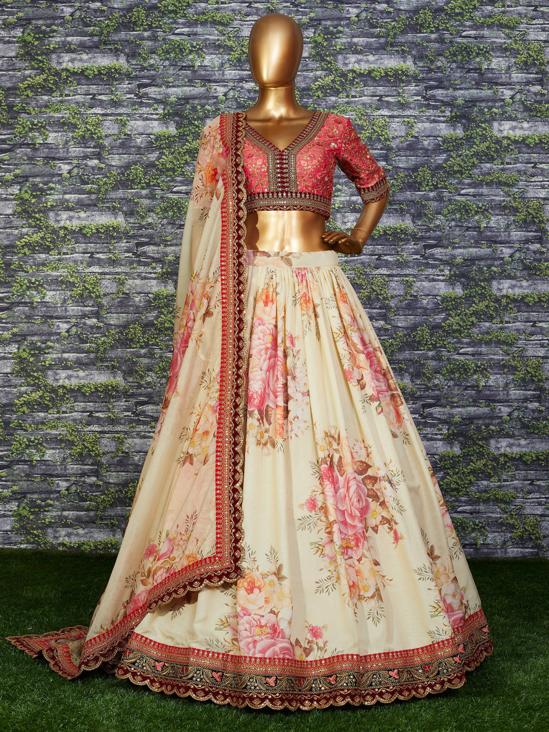 White & Peach Bridal Lehenga | Organza with Velvet Lace & Sequin