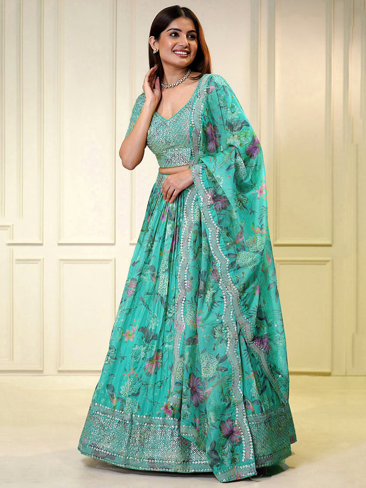 Turquoise Organza Lehenga | Floral Print & Sequin Embroidery Design