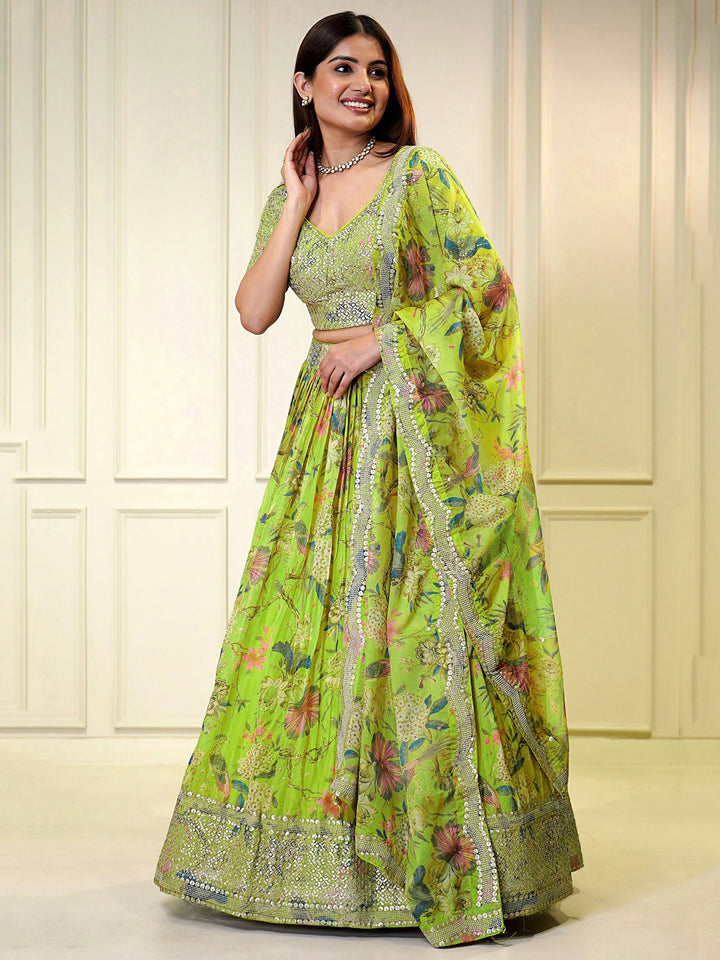 Neon Green Organza Lehenga | Vibrant, Sparkling Design for Special Occasions