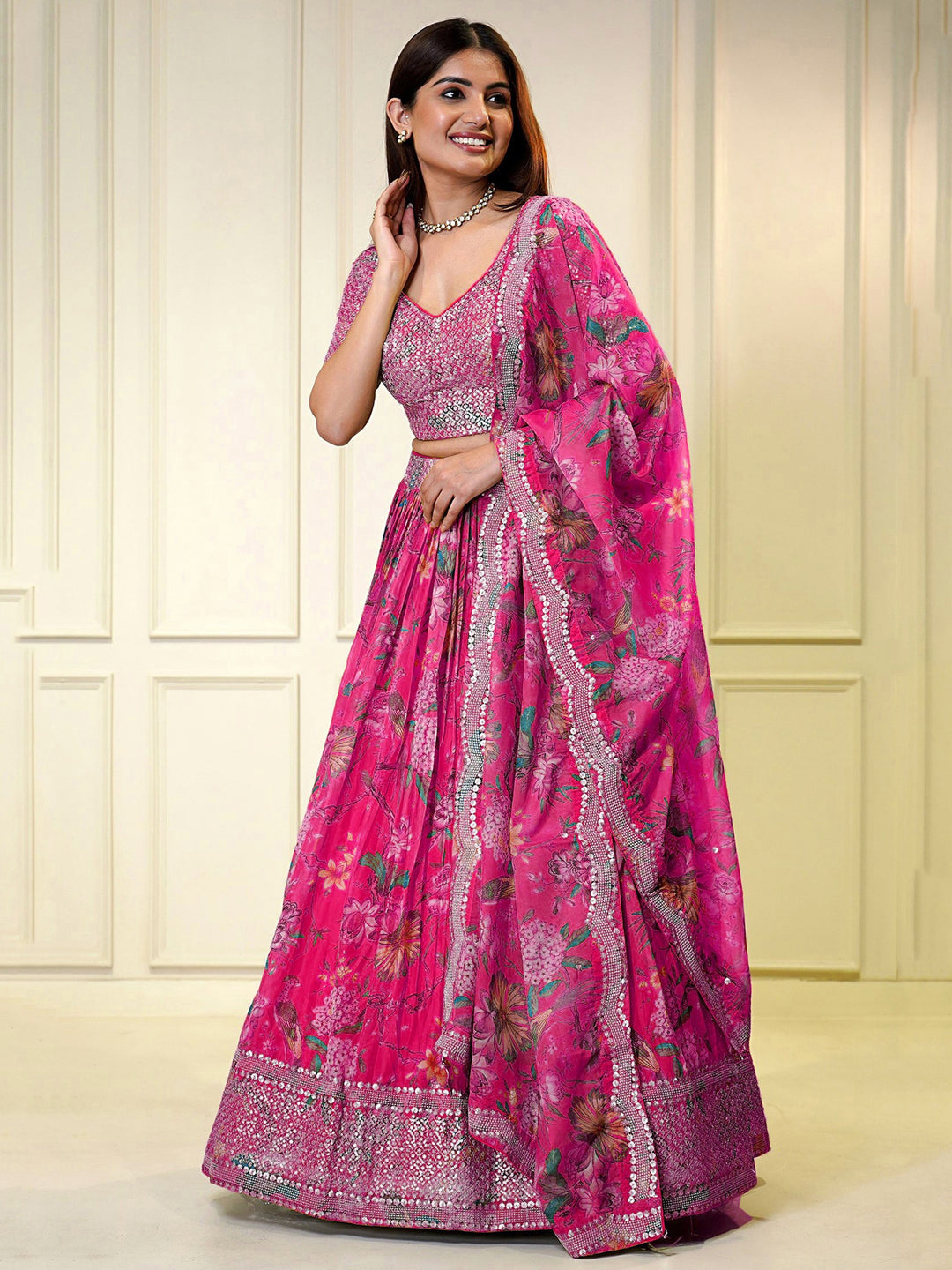 Feminine Pink Lehenga | Organza with Floral Prints & Shimmering Sequins for Celebrations