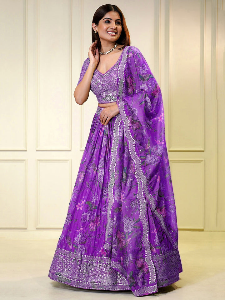 Classic Purple Lehenga | Customizable Fit with Floral & Sequin Embroidery