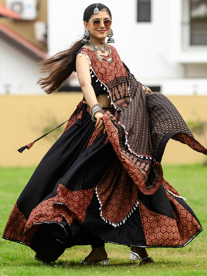 Spectacular Black Printed Cotton Navratri Lehenga Choli With Dupatta