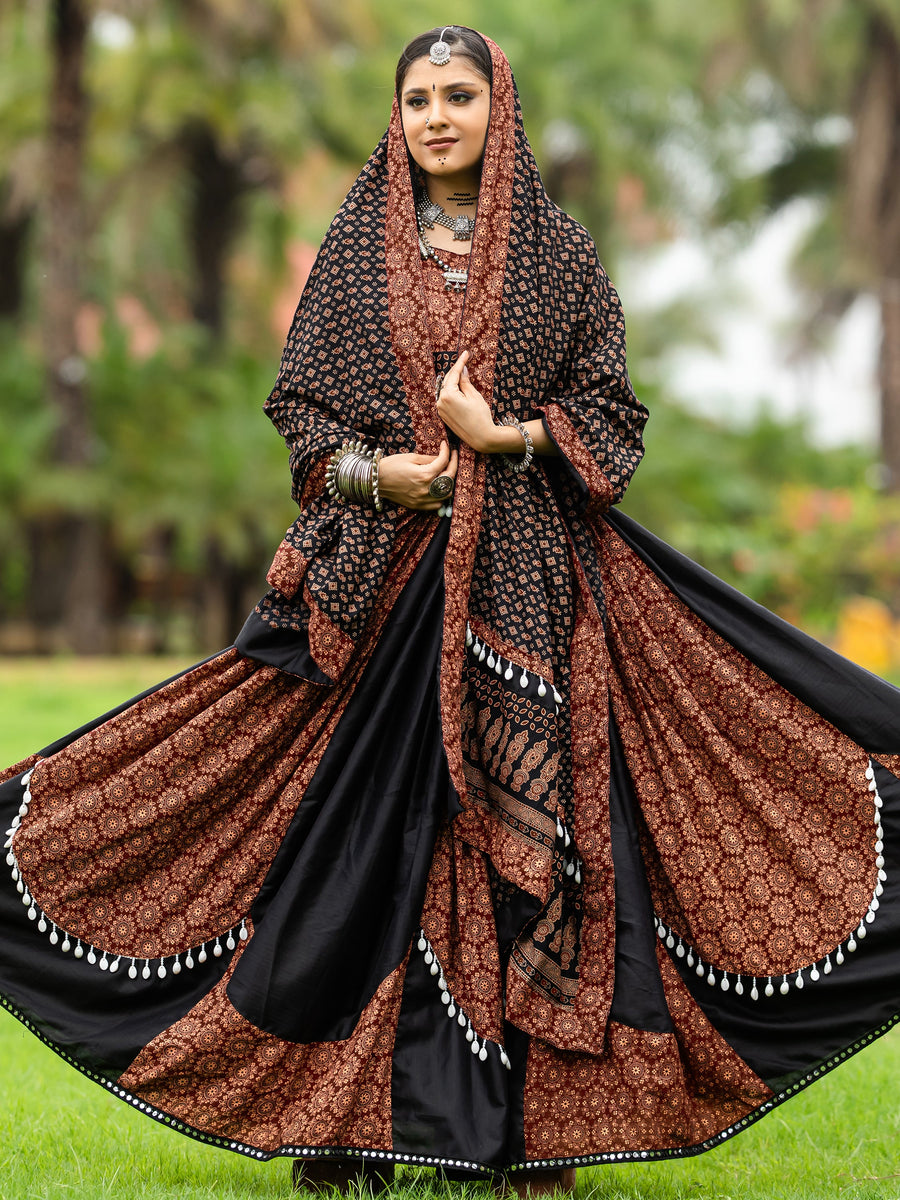 Spectacular Black Printed Cotton Navratri Lehenga Choli With Dupatta