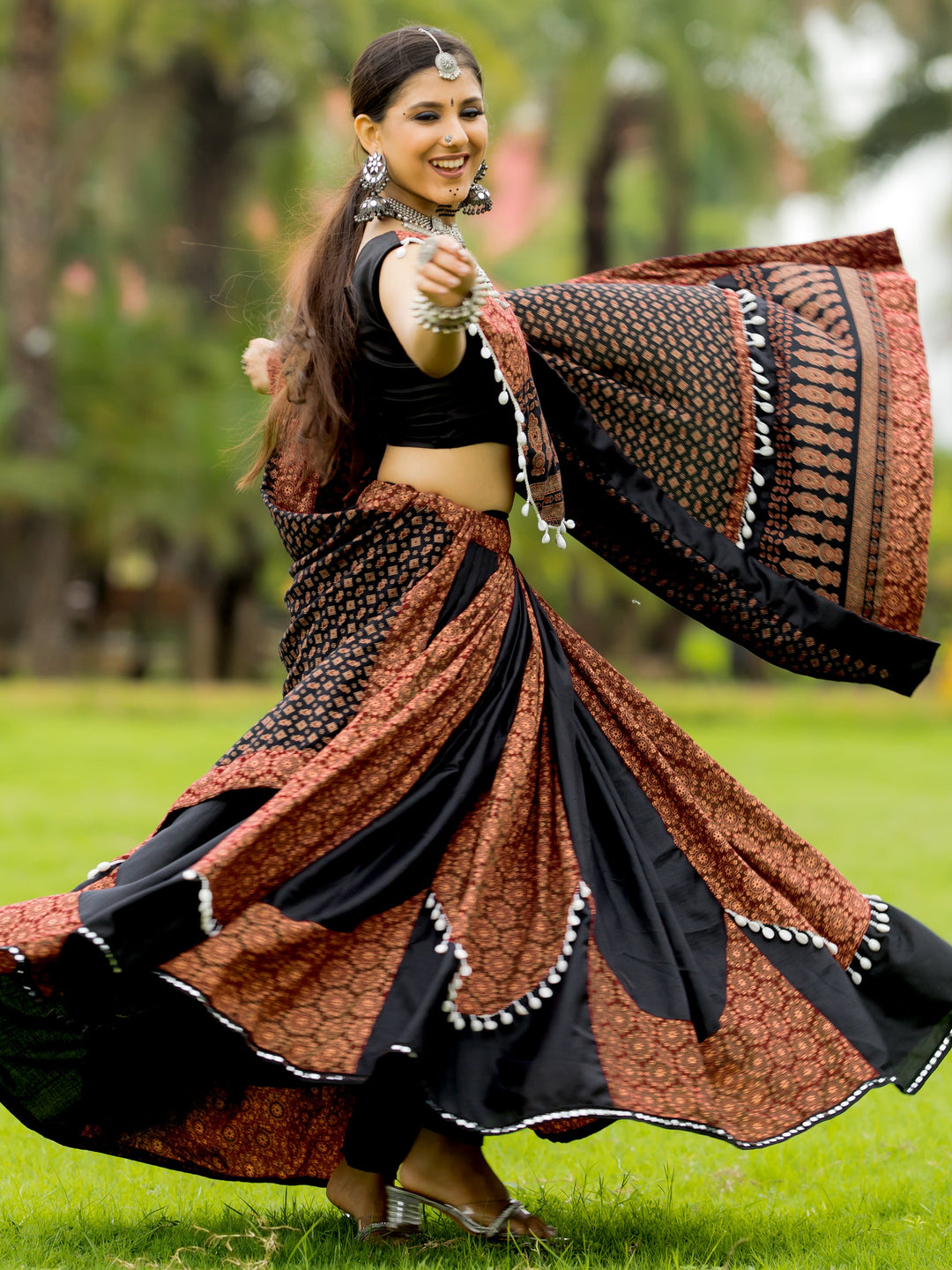 Spectacular Black Printed Cotton Navratri Lehenga Choli With Dupatta