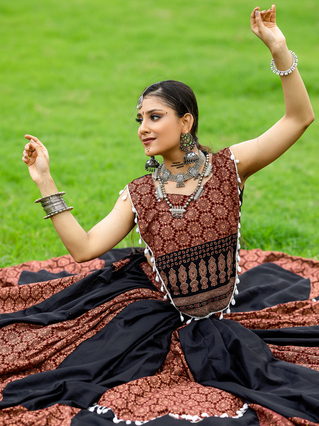 Spectacular Black Printed Cotton Navratri Lehenga Choli With Dupatta