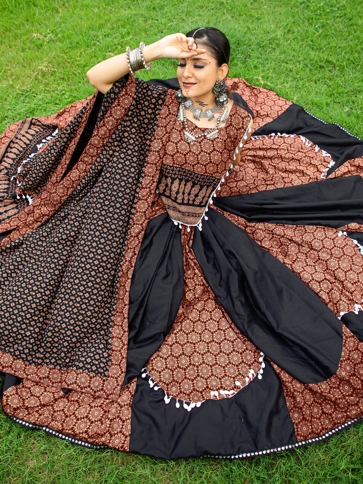 Spectacular Black Printed Cotton Navratri Lehenga Choli With Dupatta