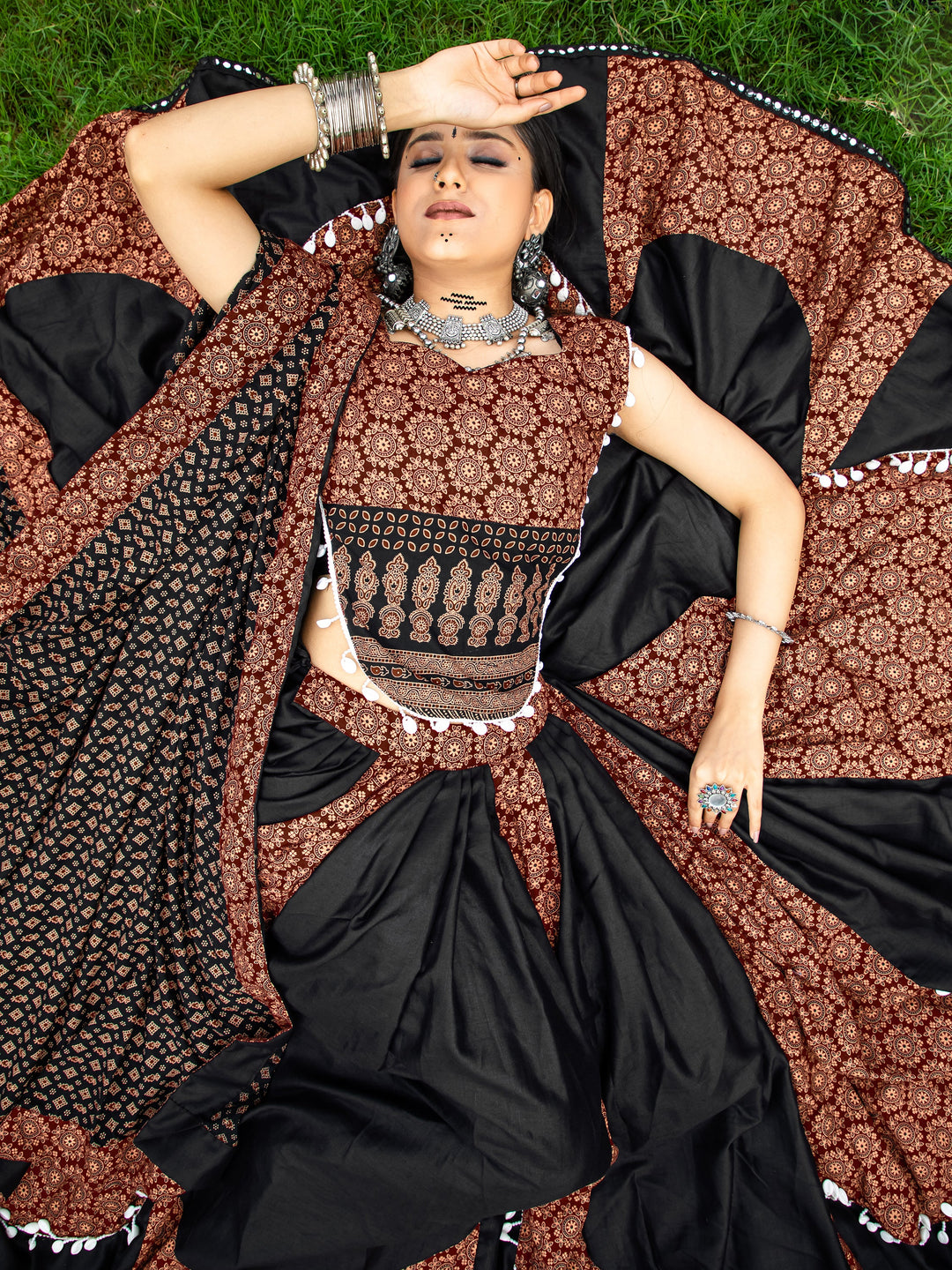 Spectacular Black Printed Cotton Navratri Lehenga Choli With Dupatta