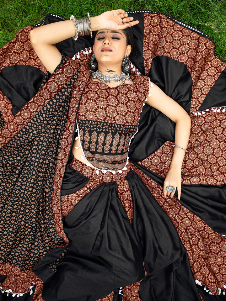 Spectacular Black Printed Cotton Navratri Lehenga Choli With Dupatta