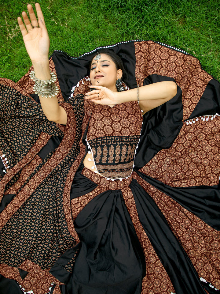 Spectacular Black Printed Cotton Navratri Lehenga Choli With Dupatta