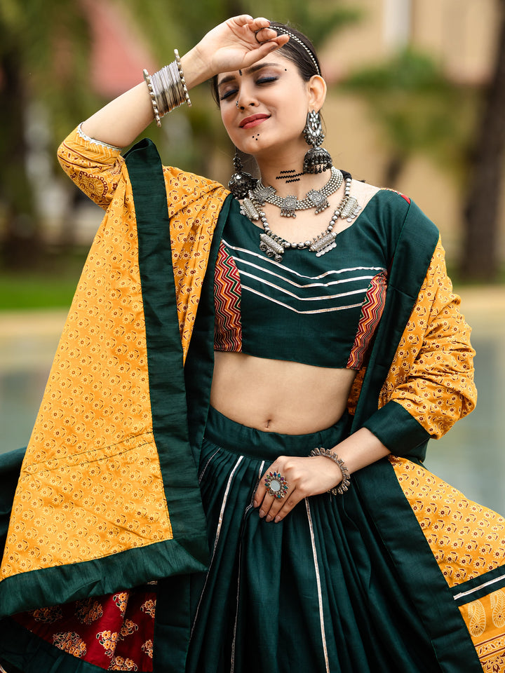 Captivating Green Printed Cotton Navratri Lehenga Choli With Dupatta