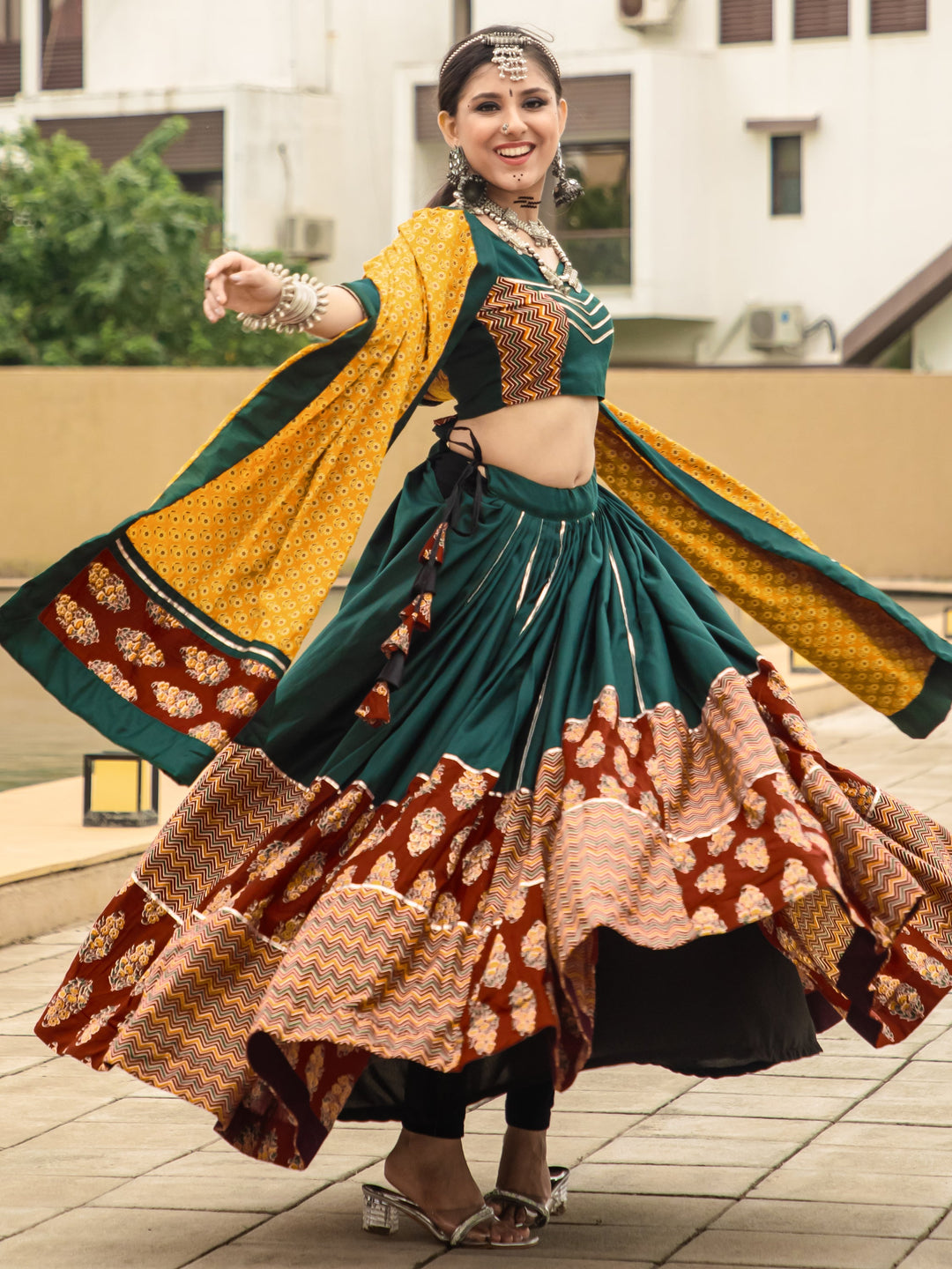 Captivating Green Printed Cotton Navratri Lehenga Choli With Dupatta