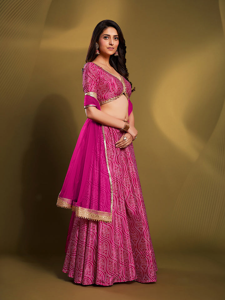 Stylish Pink Faux Crepe Lehenga Choli | Perfect for Festive Glamour