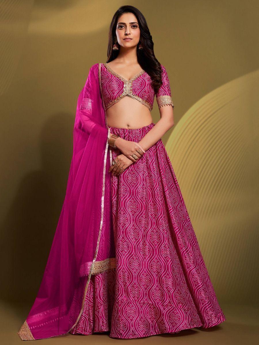 Customizable Pink Bandhani Lehenga Choli | Crepe with Sequin Borderwork for Weddings