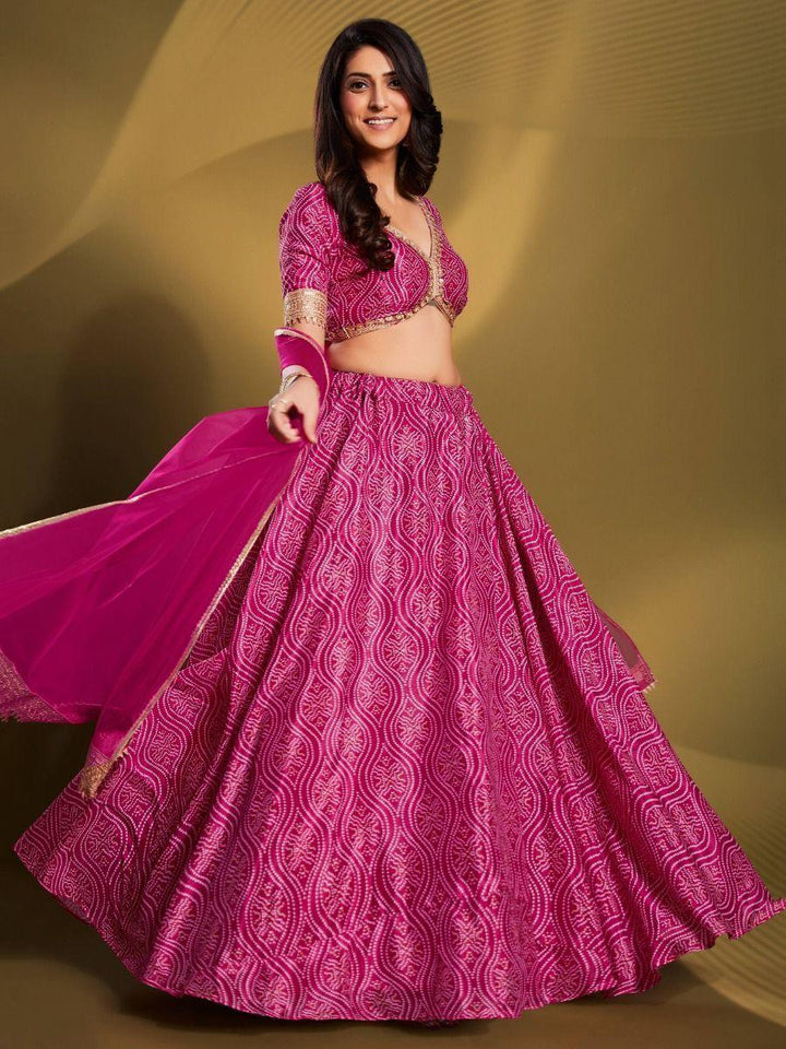 Customizable Pink Bandhani Lehenga Choli | Crepe with Sequin Borderwork for Weddings